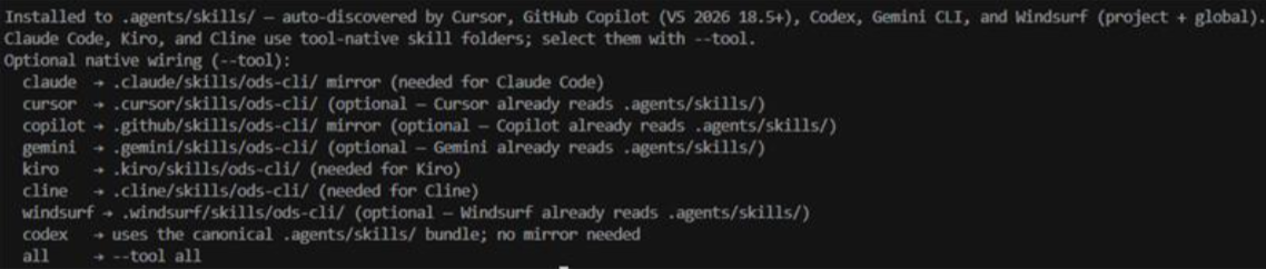 The available editors display: Claude, cursor, copilot, gemini, kiro, cline, windsurf, codex, and all